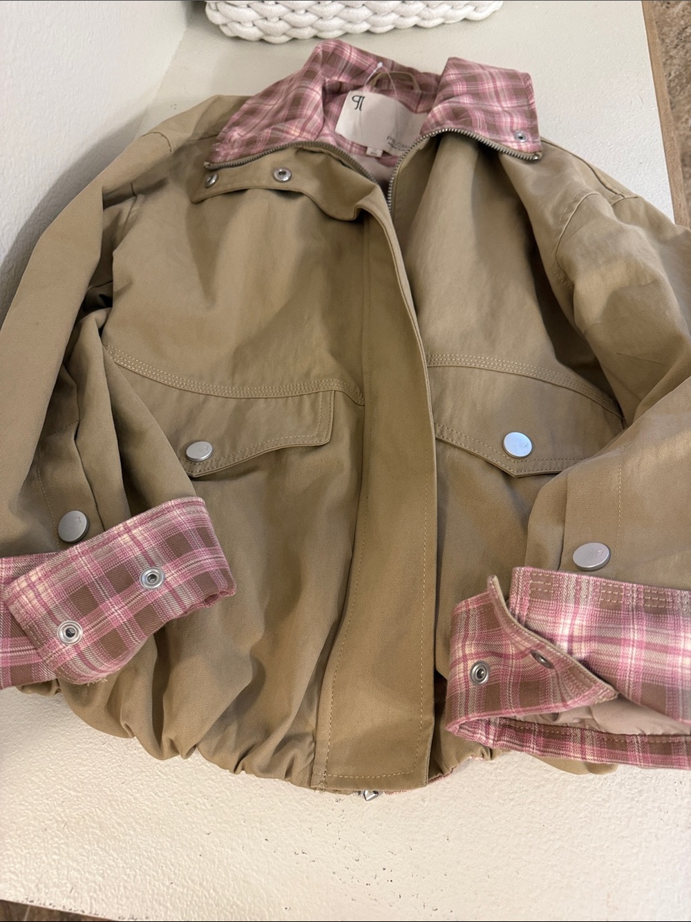Pilcro Beige Jacket with Pink Plaid Trim